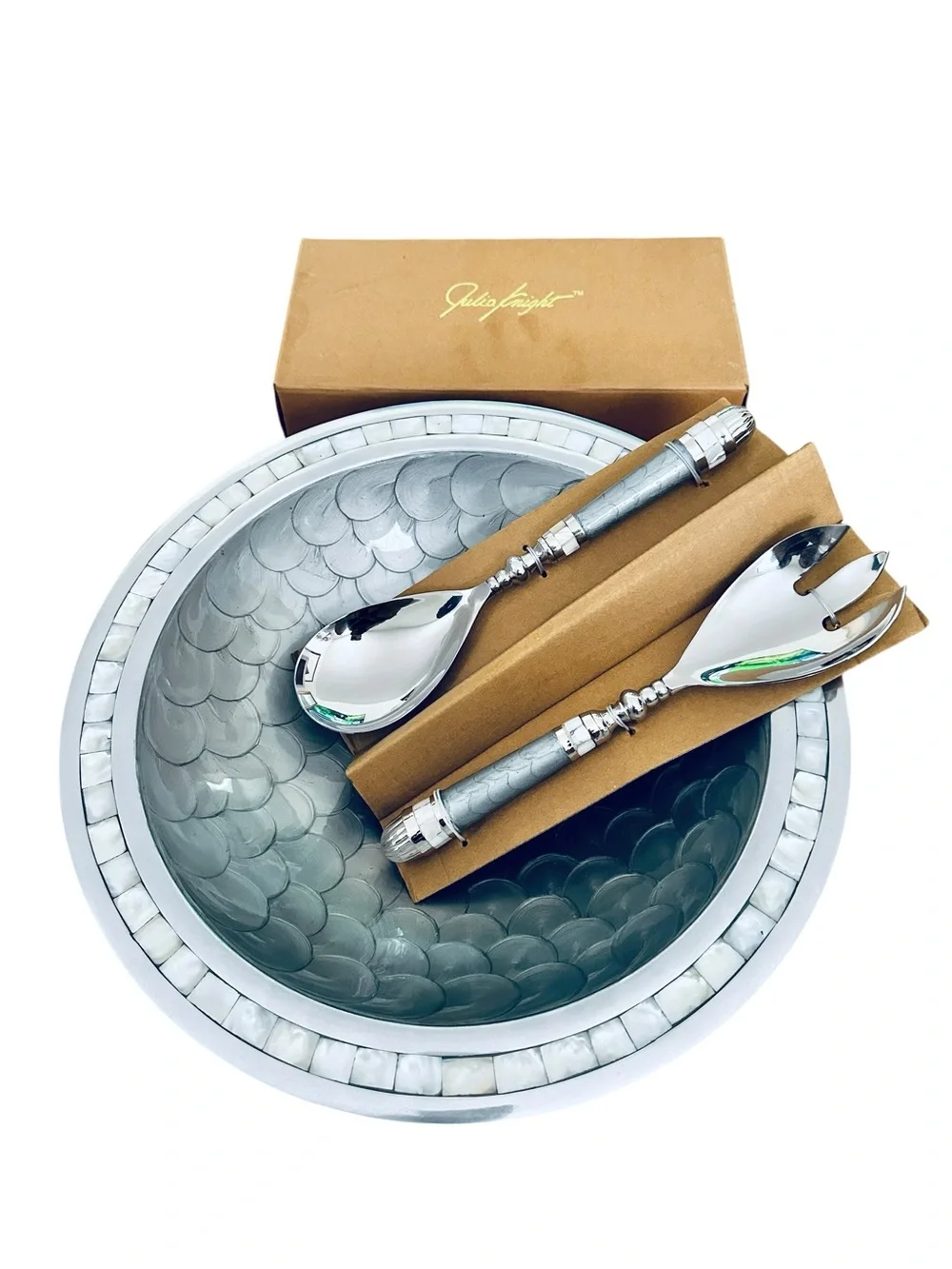Julia Knight Classic 15” Round Bowl and Salad Serving Set in Platinum New